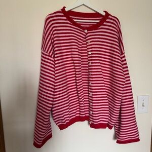 Women's Red and White Striped Button-Front Cardigan Sweater